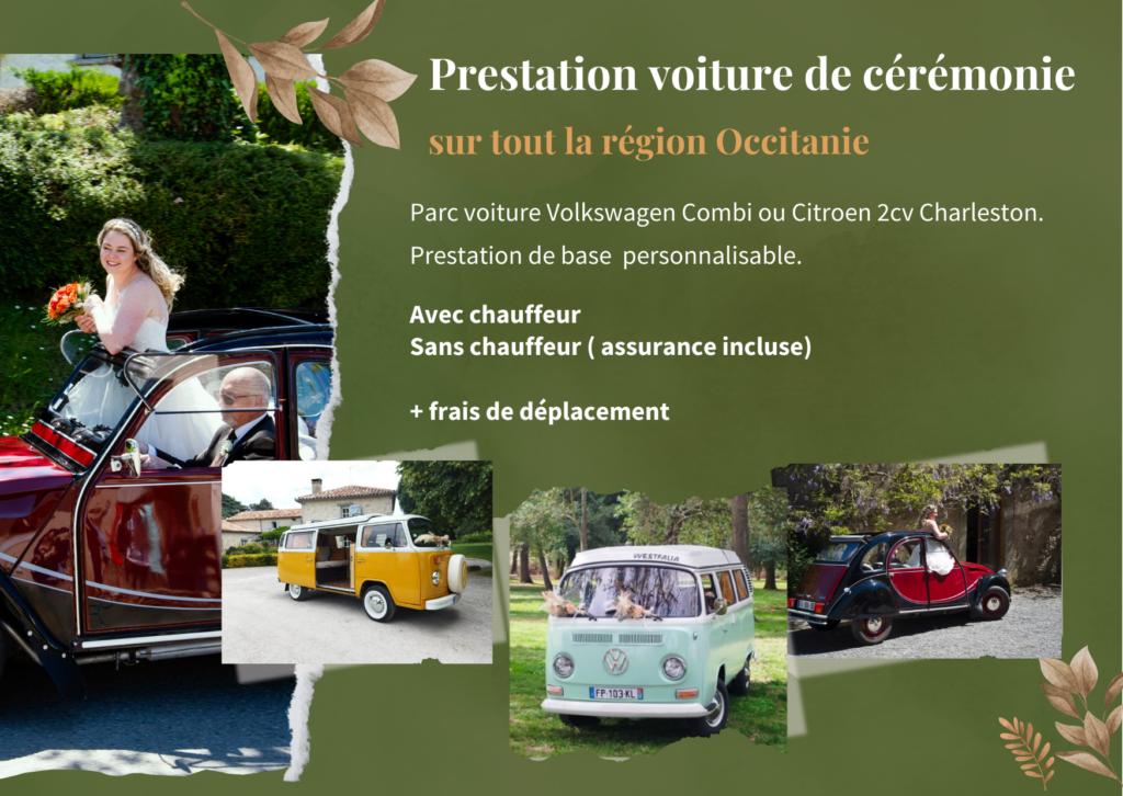 voiture de cérémonie mariage Aveyron lot tarn tarn et Garonne 
avec prestation photo Booth e livre d'or vidé 
mobilier cérémonie laique